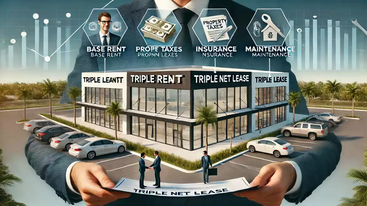 Illustration of an office building highlighting various lease terms and financial concepts such as base rent, taxes, insurance, and maintenance.