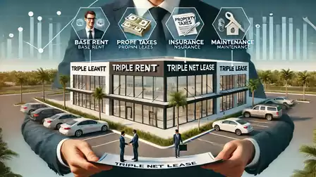 Illustration of an office building highlighting various lease terms and financial concepts such as base rent, taxes, insurance, and maintenance.