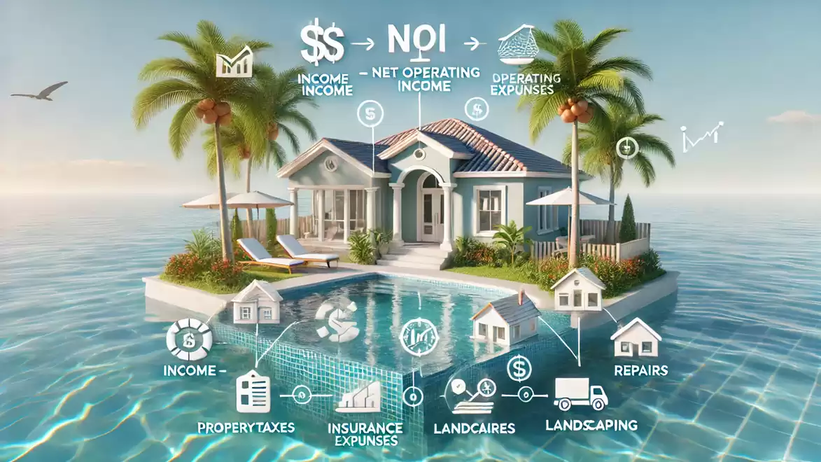 A tropical island with a luxurious house surrounded by water. Infographics about net income and operating expenses surround the scene.