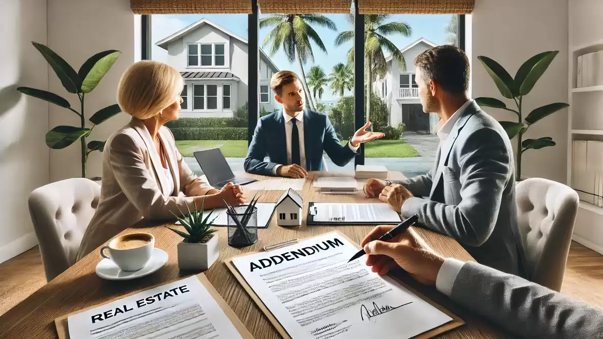 Business meeting in a modern office with real estate contracts and a miniature house on the table.