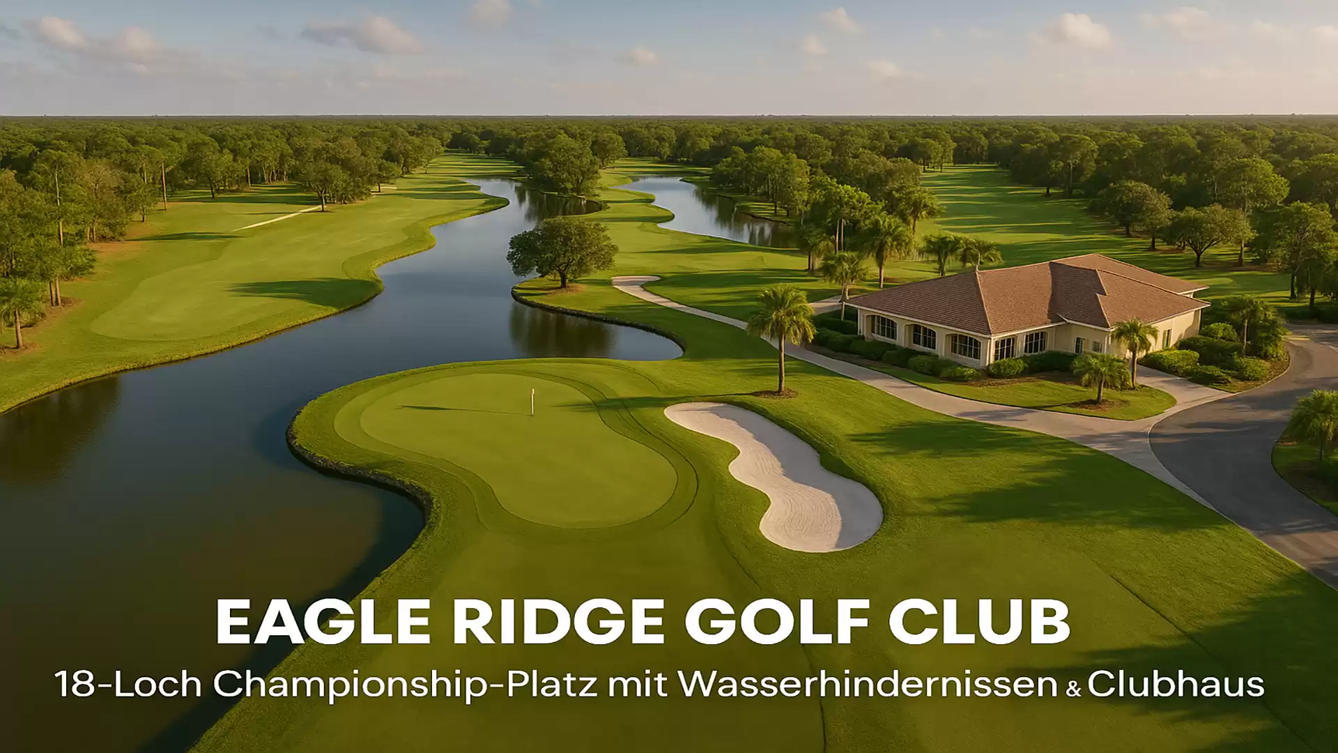 Aerial view of Eagle Ridge Golf Club featuring an 18-hole championship course, water hazards, and a clubhouse in the background.