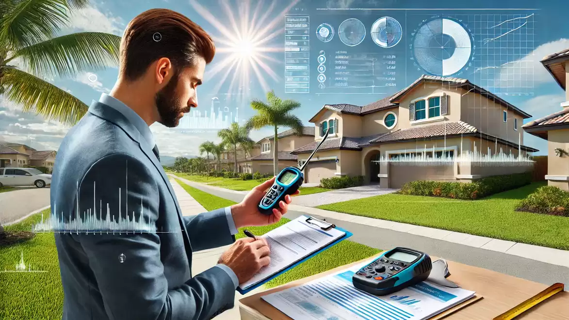 A man in a suit stands outside modern houses, holding a measuring device while writing on a clipboard. Futuristic data graphics hover above him.