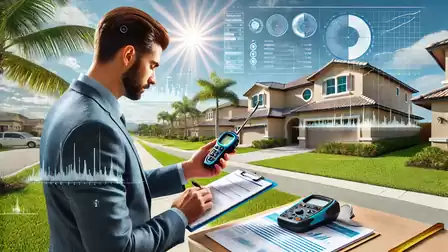 A man in a suit stands outside modern houses, holding a measuring device while writing on a clipboard. Futuristic data graphics hover above him.