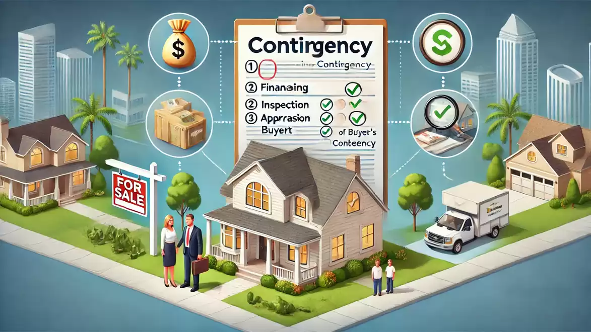 Illustration of a house sale with checklist showing financing, inspection, appraisal, and buyer contingencies.