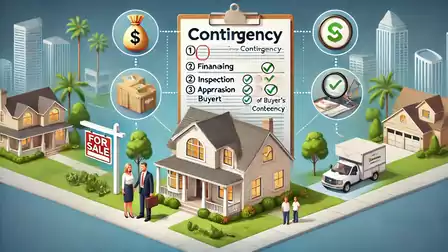 Illustration of a house sale with checklist showing financing, inspection, appraisal, and buyer contingencies.