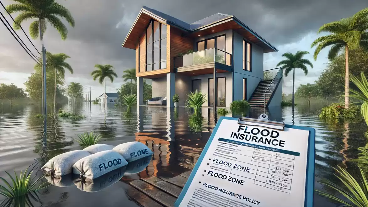 Modern property affected by flooding with flood insurance documents in the foreground and sandbags to the side. Ominous clouds in the sky.