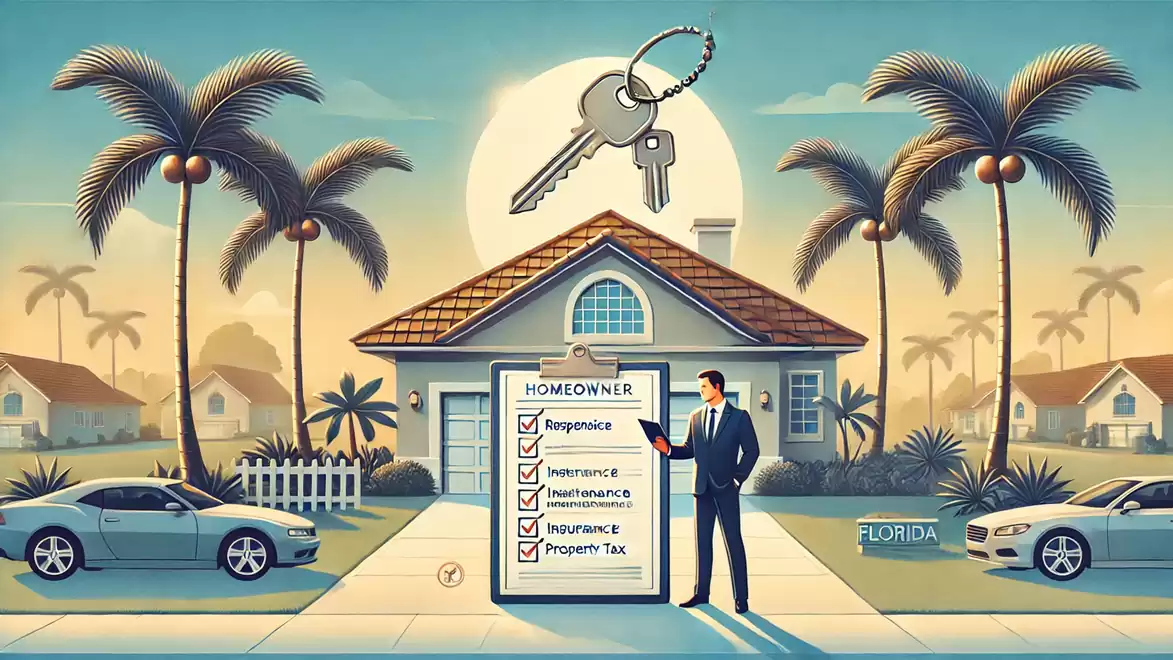 Illustration of a man with a checklist in front of a house in Florida, surrounded by palm trees and cars.