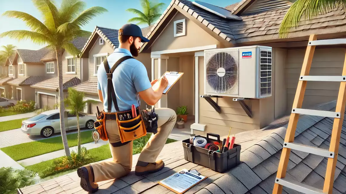A technician working on a roof checks an air conditioning unit. Several houses with palm trees are visible in the background.