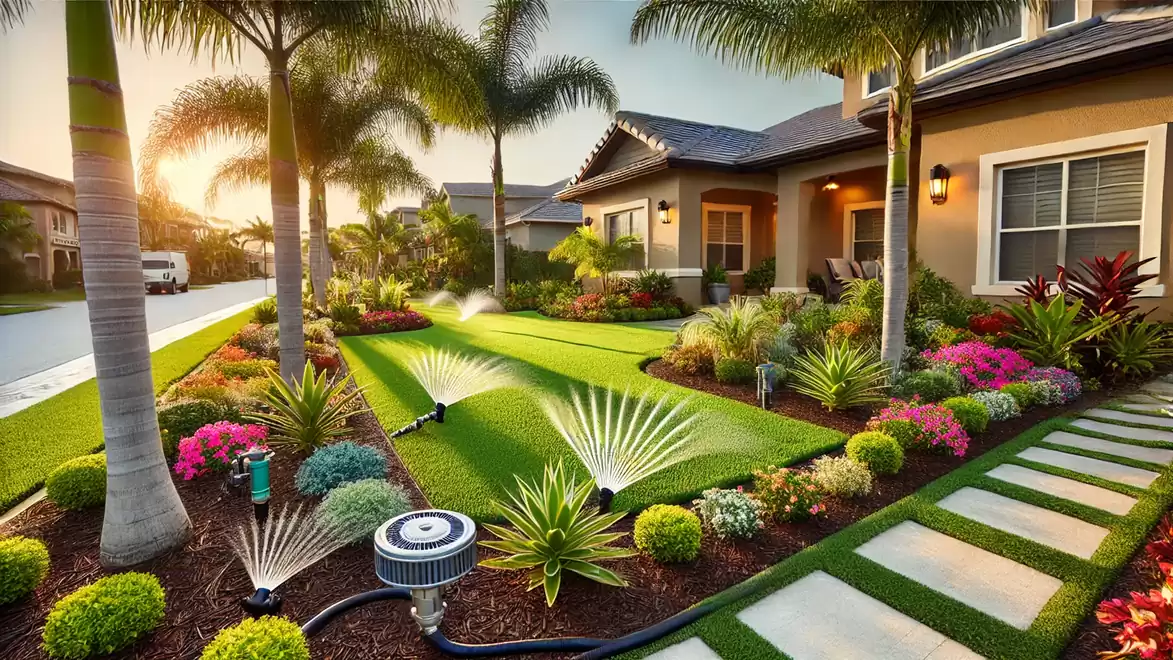A well-kept garden in front of a modern house with palm trees, green lawn, and colorful flowers. Automated irrigation systems are in use.