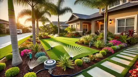 A well-kept garden in front of a modern house with palm trees, green lawn, and colorful flowers. Automated irrigation systems are in use.