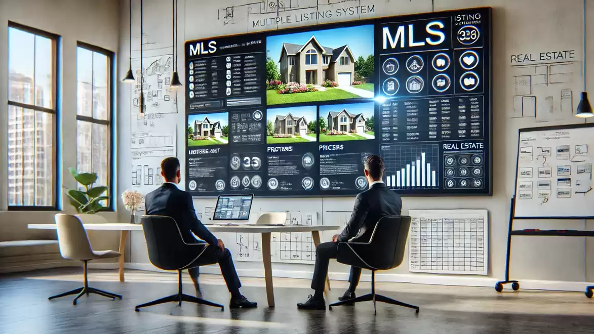 Two men in a modern office look at a large digital real estate display board with graphics and images of houses.
