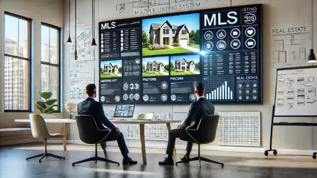 Two men in a modern office look at a large digital real estate display board with graphics and images of houses.