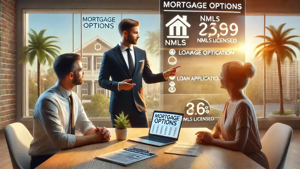 Three people in a modern office discuss mortgage options displayed on a screen. Palm trees are visible through the windows in the background.