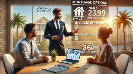 Three people in a modern office discuss mortgage options displayed on a screen. Palm trees are visible through the windows in the background.