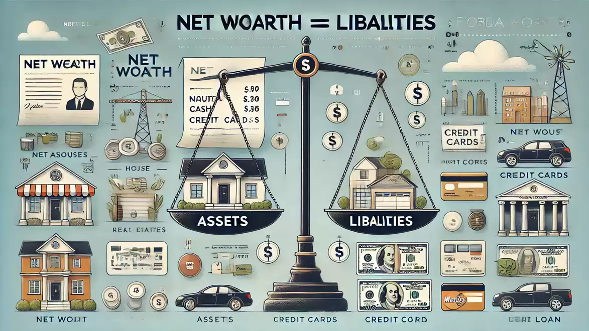 Illustration of a scale with assets on the left side and liabilities on the right side, representing net worth equality.