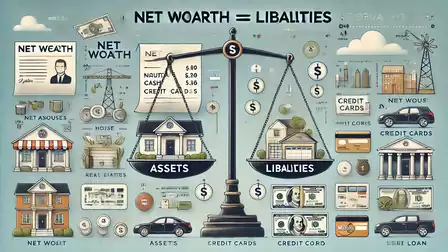 Illustration of a scale with assets on the left side and liabilities on the right side, representing net worth equality.