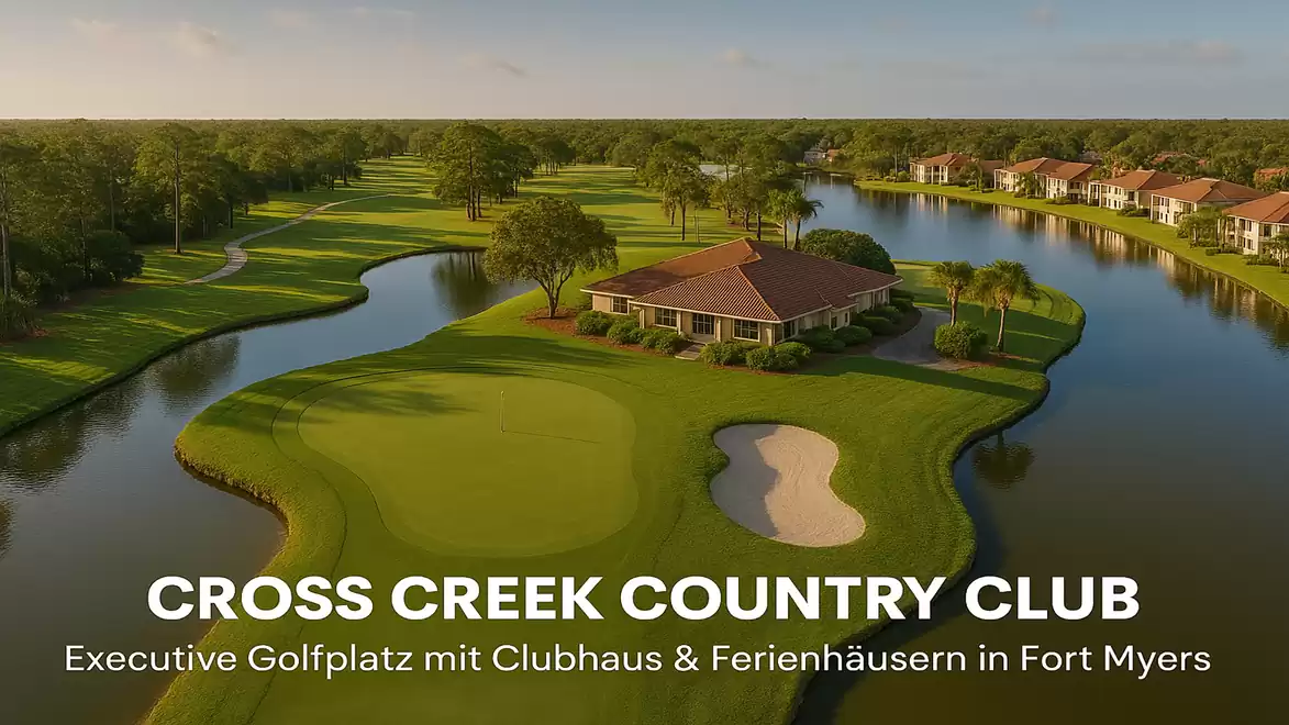Aerial view of the Cross Creek Country Club in Fort Myers featuring a golf course, clubhouse, and surrounding holiday homes.