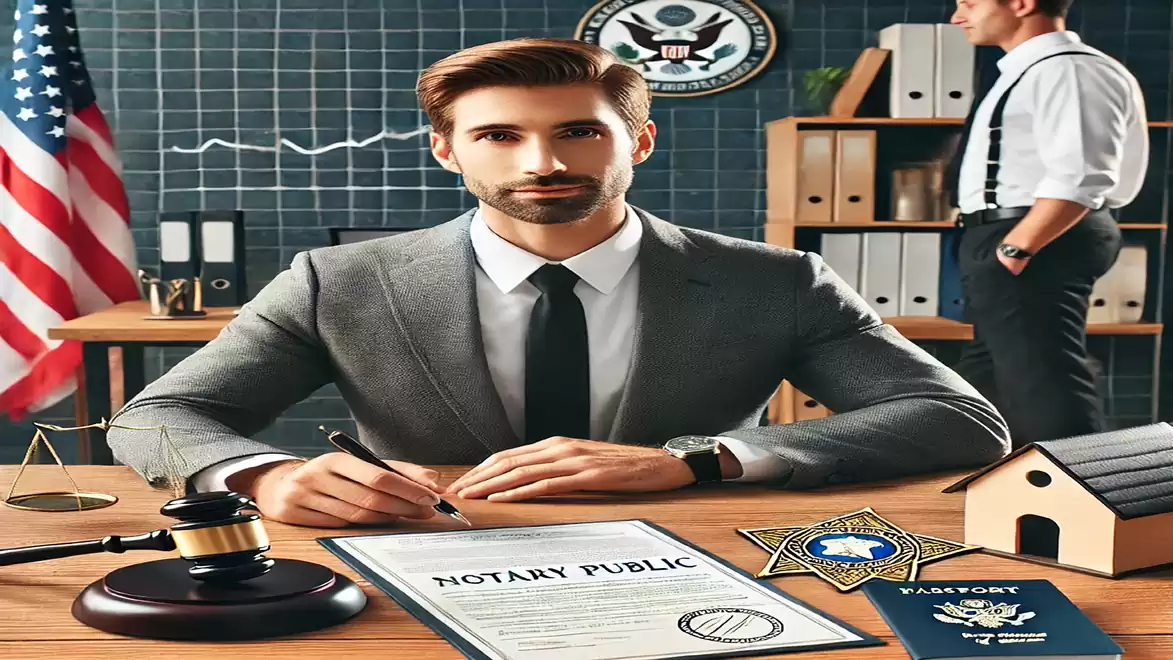 A young man in a suit with a notary document sits at a desk. In the background, another man is visible in an office.