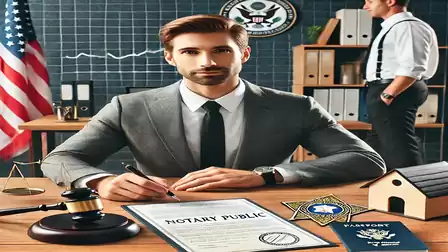 A young man in a suit with a notary document sits at a desk. In the background, another man is visible in an office.