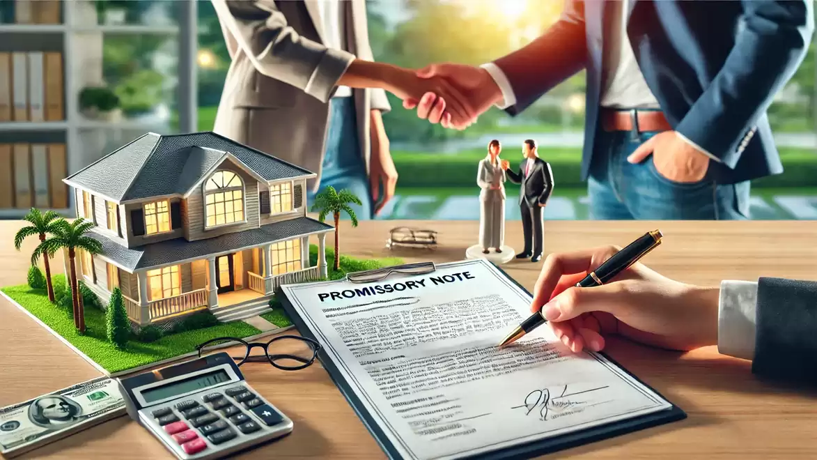 Close-up of a contract signing in an office setting with a model house, figurines, and various financial documents.