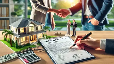 Close-up of a contract signing in an office setting with a model house, figurines, and various financial documents.