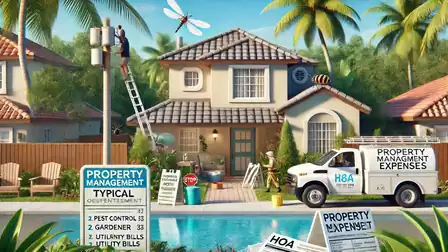 Illustration of a house with worker, ladders, and landscaping, surrounded by palm trees and property management vehicles.