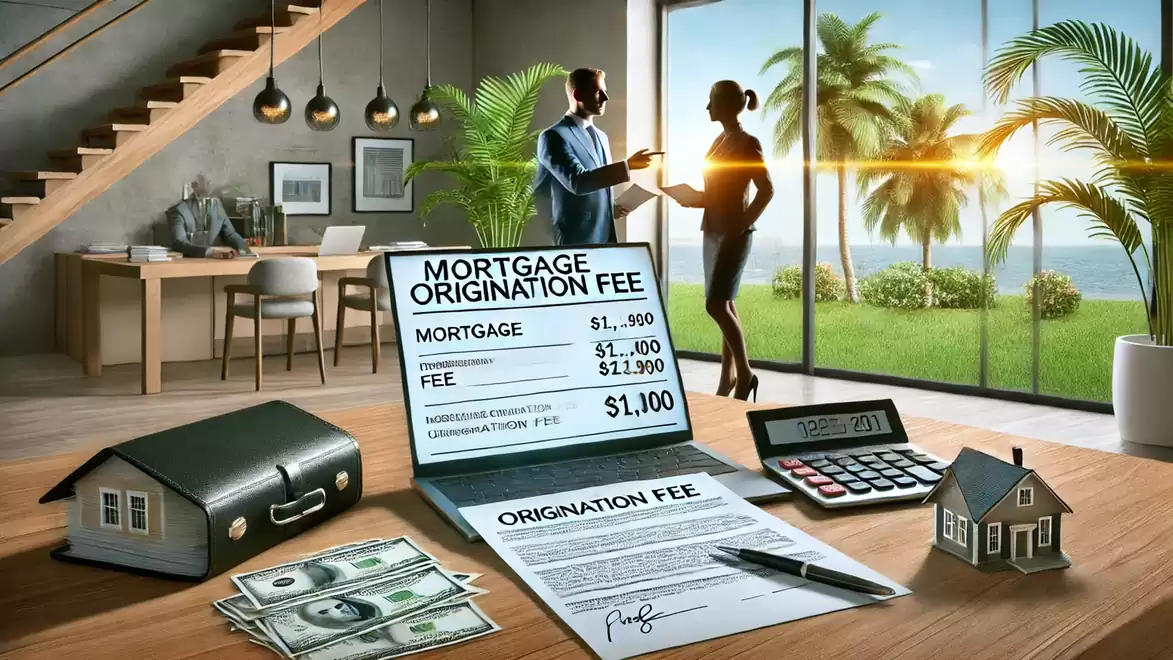 A desk with documents and a laptop displaying a mortgage origination fee. In the background, two people shake hands in front of a sunny window with palm trees.