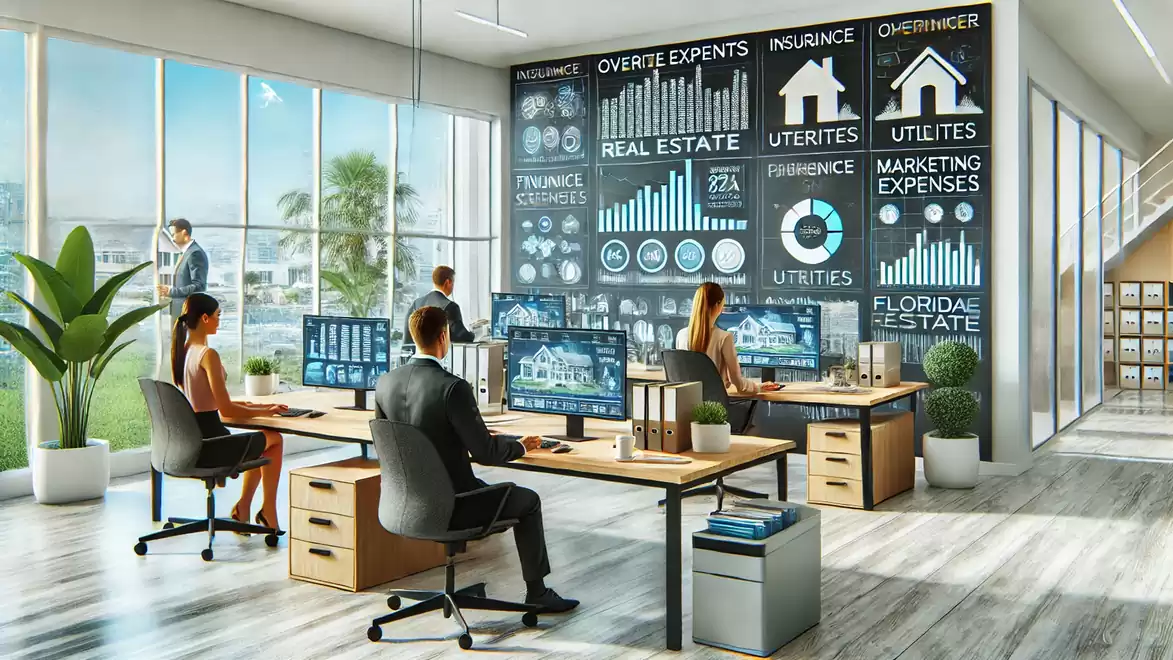 A modern office with several people working at desks in front of large screens. There are various infographics about real estate and finances on a wall.