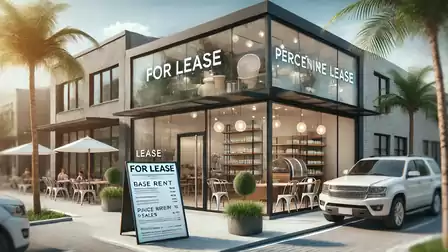 Modern commercial building for lease with large glass windows and stylish outdoor seating at sunset.