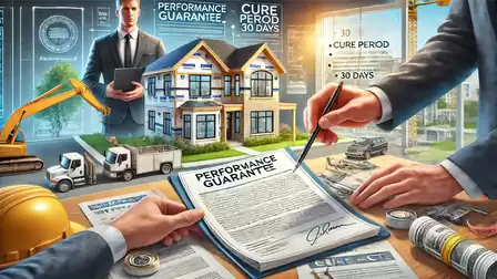 Businessman signing performance guarantee contract for construction project with model house, crane, and blueprints.