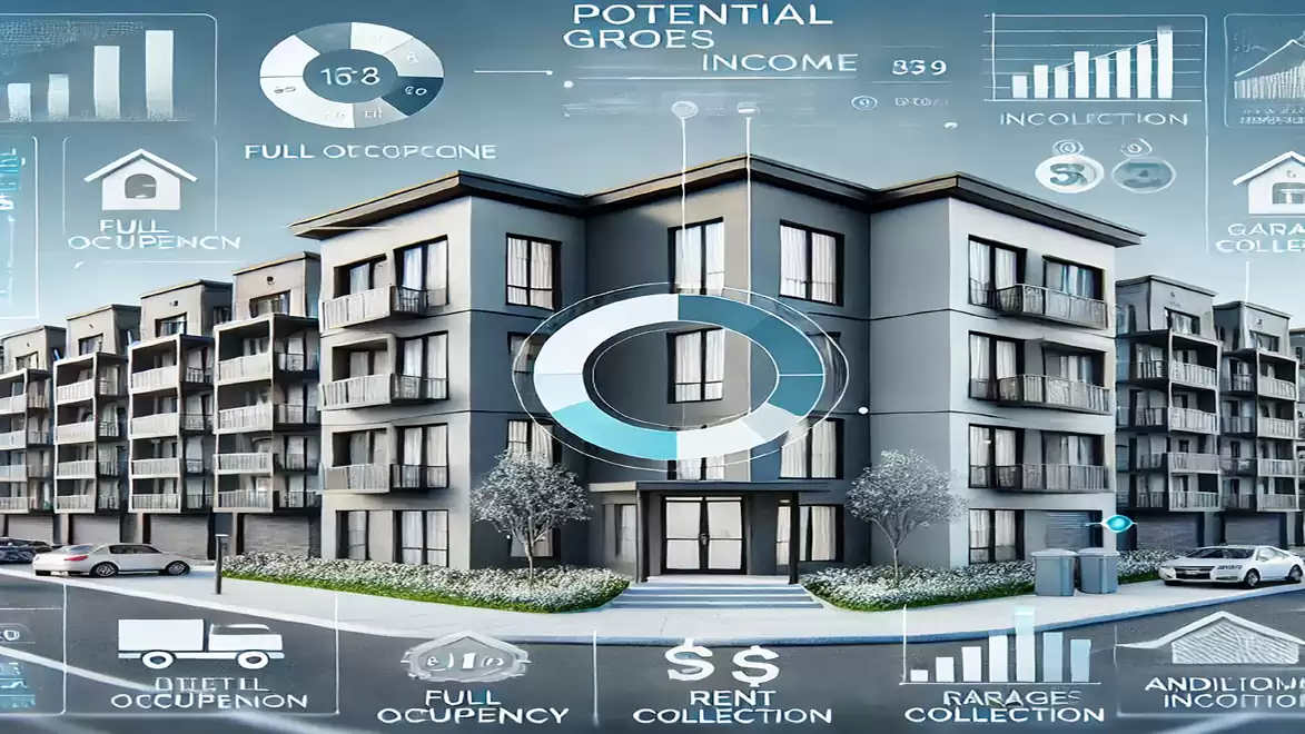 Modern residential complex with futuristic graphics and financial data overlay.