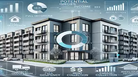 Modern residential complex with futuristic graphics and financial data overlay.