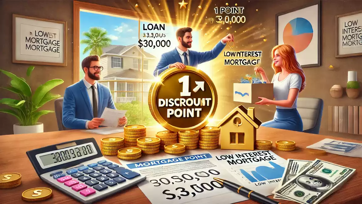 Financial scene with business people discussing mortgages. A man holds a discount point sign, while banknotes and a calculator are on the table.