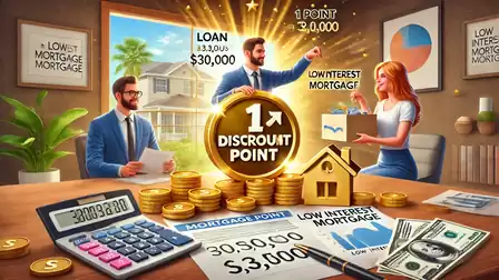 Financial scene with business people discussing mortgages. A man holds a discount point sign, while banknotes and a calculator are on the table.