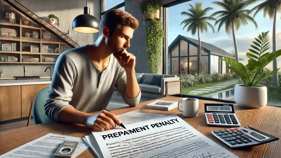 A contemplative man sits at a table with documents about prepayment penalties, calculators, and a modern home in the background.