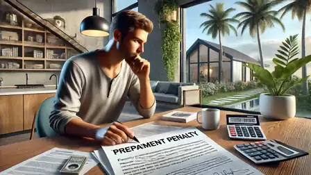 A contemplative man sits at a table with documents about prepayment penalties, calculators, and a modern home in the background.