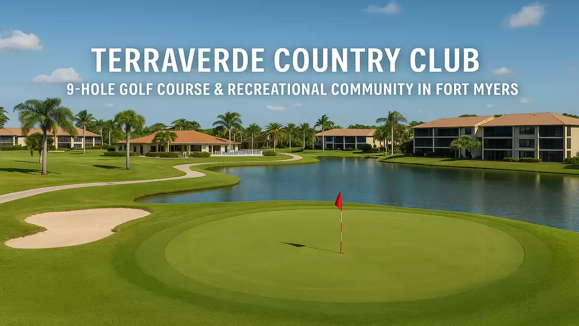 View of the Terraverde Country Club in Fort Myers featuring a 9-hole golf course surrounded by palm trees and a serene residential community.