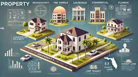 Graphic representation of property types with houses in different sections and information on homeownership, commercial properties, and land categories.