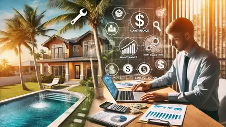Man working on laptop with property management graphics, modern house with pool and palm trees in the background.