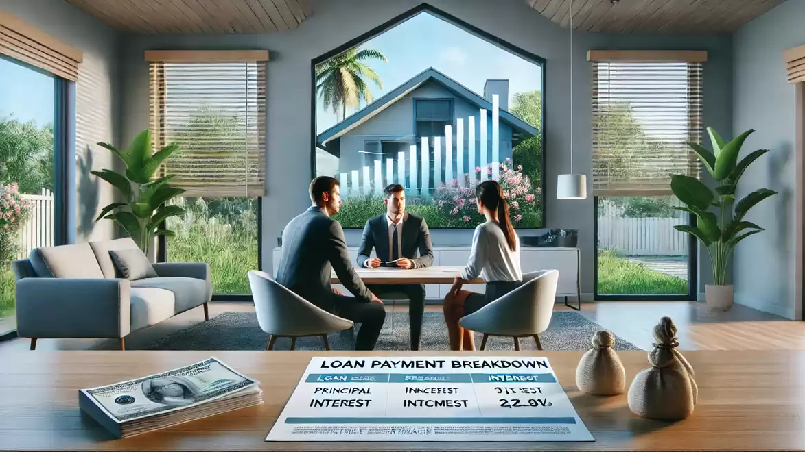 Three people seated in a modern office with large windows and plants, discussing a loan payment plan. Money is on the table in the foreground.