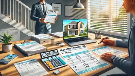 Office setting with two men reviewing real estate documents; a laptop displays an image of a house.