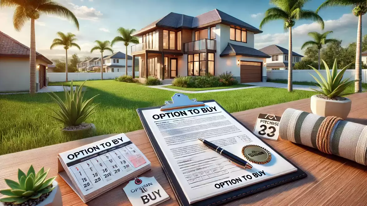 Modern two-story house with palm garden and purchase options on table.