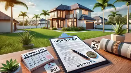 Modern two-story house with palm garden and purchase options on table.