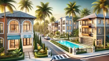Luxurious residential area with Mediterranean villas, palm trees, and a swimming pool at sunset.