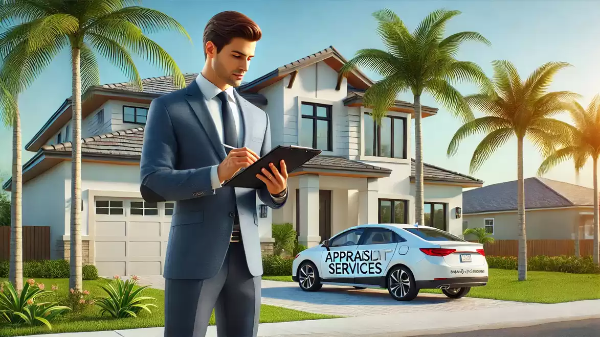 A real estate appraiser in a suit stands with a clipboard in front of a modern house with palm trees in the background. A car with the words 'Appraisal Services' is parked in the driveway.