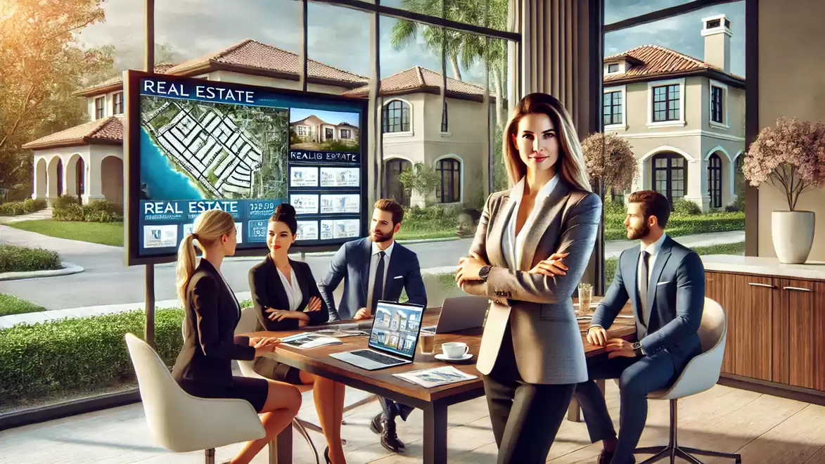 A group of people in a modern office space discussing real estate projects. A screen shows plans and images of properties. A confident woman stands in the foreground.