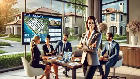 A group of people in a modern office space discussing real estate projects. A screen shows plans and images of properties. A confident woman stands in the foreground.