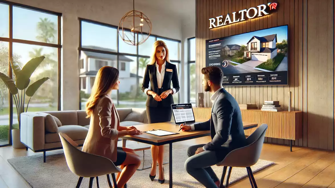 A stylish real estate office with a man and a woman sitting at a table with a realtor. A house presentation is visible on a wall-mounted screen.