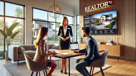 A stylish real estate office with a man and a woman sitting at a table with a realtor. A house presentation is visible on a wall-mounted screen.