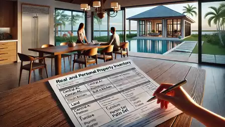 A person is writing on an inventory form at a table overlooking a modern kitchen and through a glass wall to a pool and pavilion outside.
